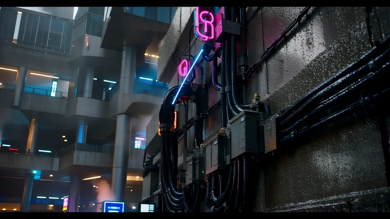 Rainy Alleyway Between Towering Brutalist Structures