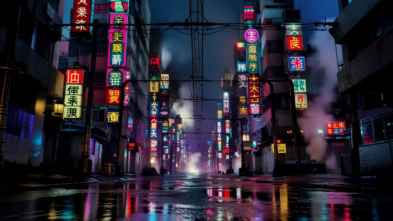 Rainy Night Alleyway Surrounded by Neon Signs