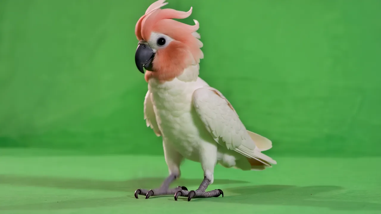 Real Cockatoo Standing Upright with Crest on Green Screen