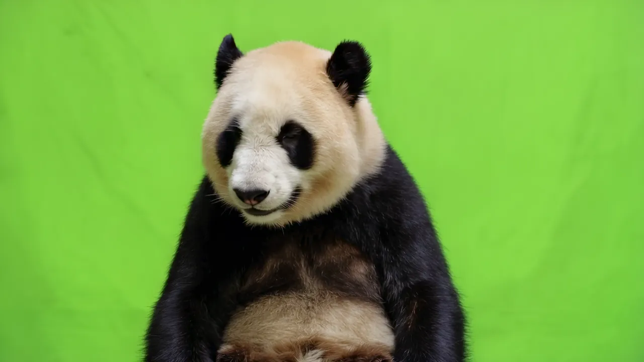 Real Panda Sitting Upright Against a Green Screen