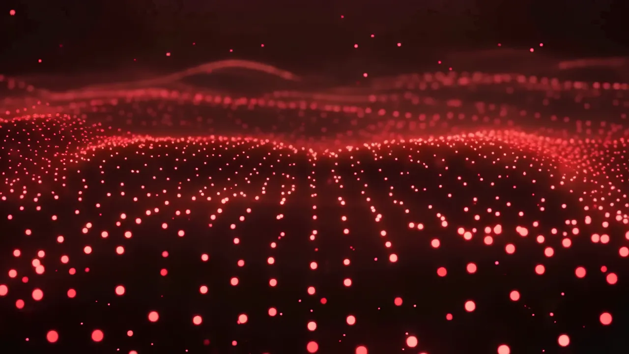 Red Digital Wave Particles Background with Soft Glow