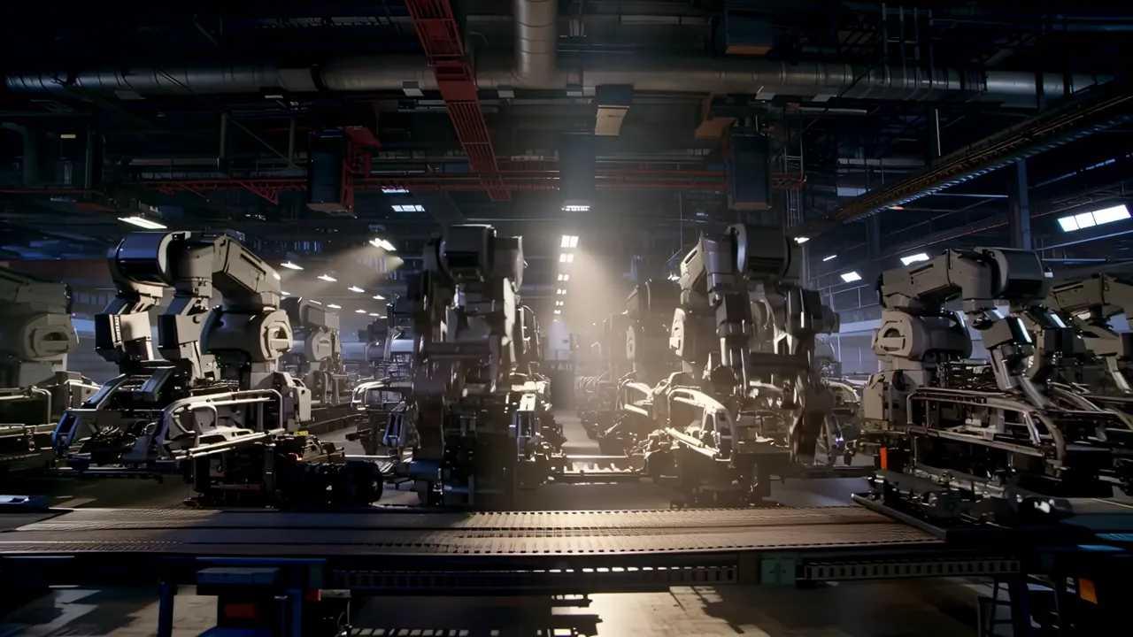 Robotic Arms Assembling Car Frames in Factory