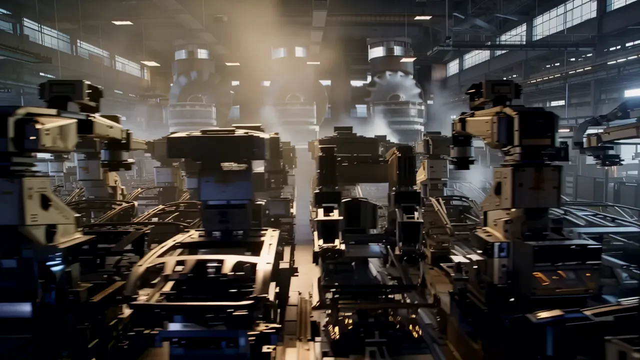 Robotic Arms Assembling Car Frames in Factory Setting