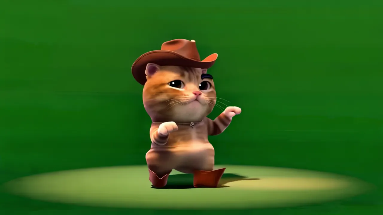 Round-faced Animated Cat in Cowboy Hat on Green Screen