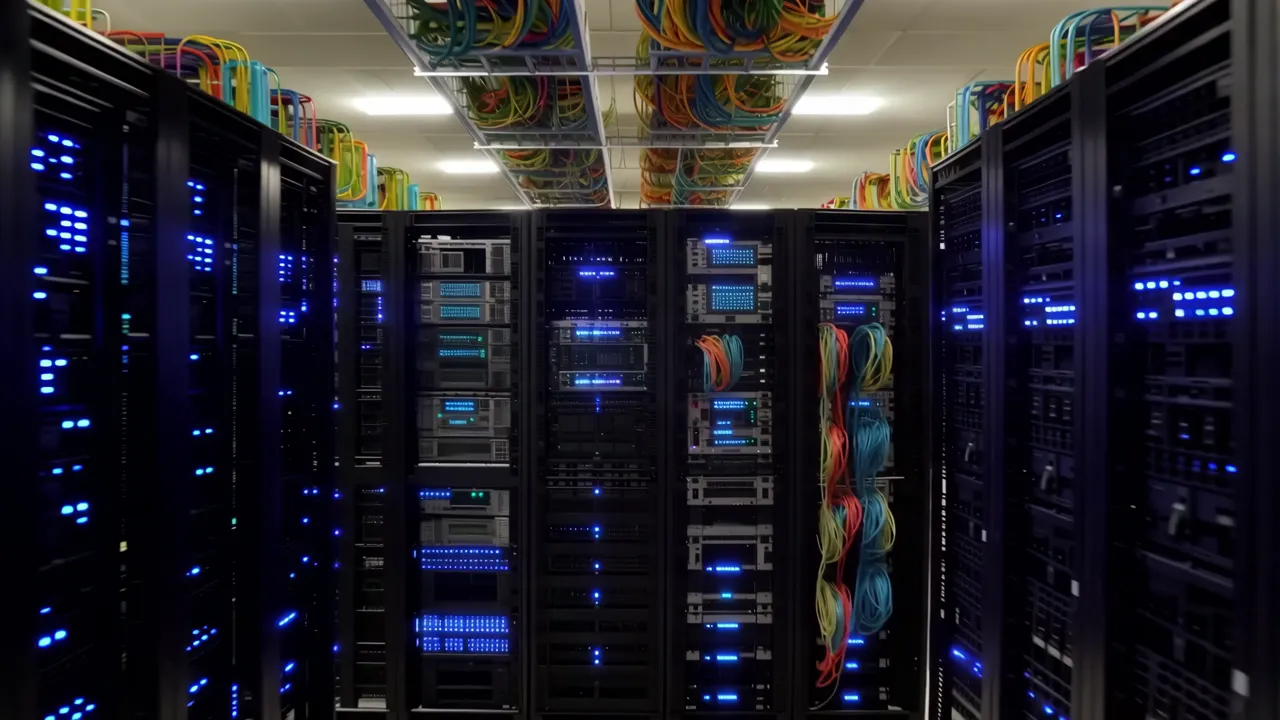 Rows of Black Server Racks in a High-Tech Data Center