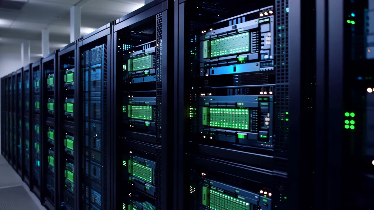 Rows of Black Server Racks in a Professional Data Center