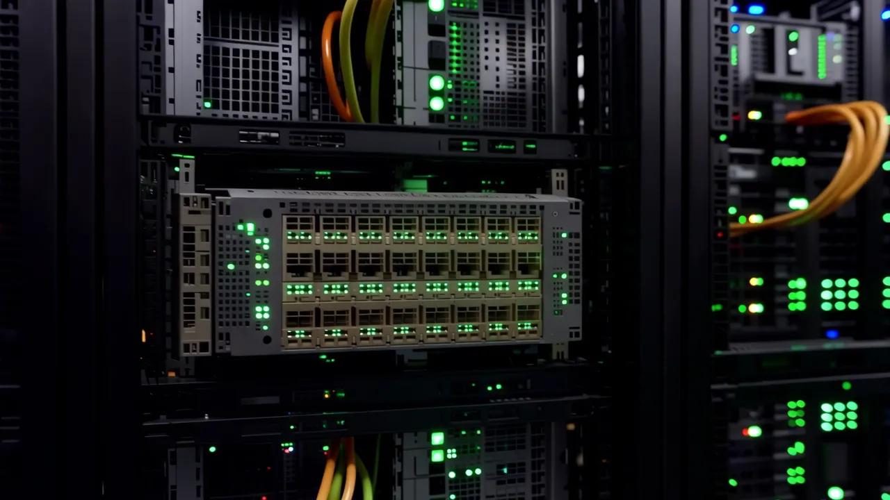 Rows of Black Server Racks in a Professional Data Center