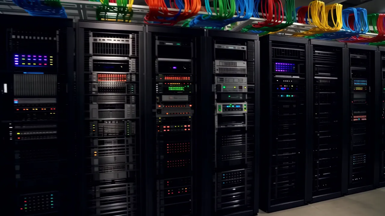 Rows of Black Server Racks in a Professional Data Center