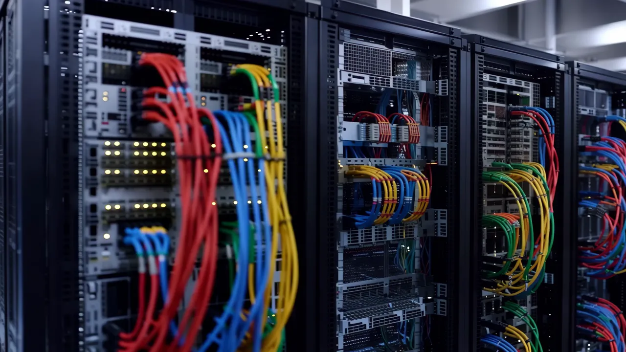 Rows of Black Server Racks in a Professional Data Center