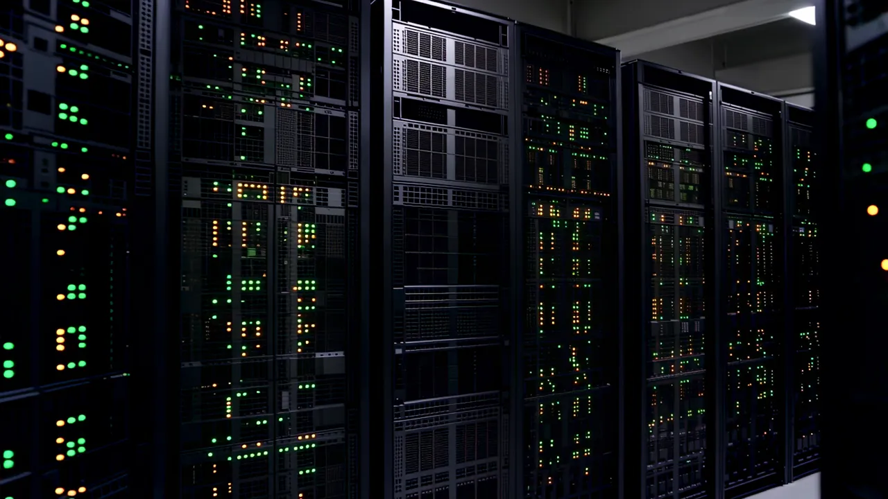Rows of Black Server Racks in a Professional Data Center