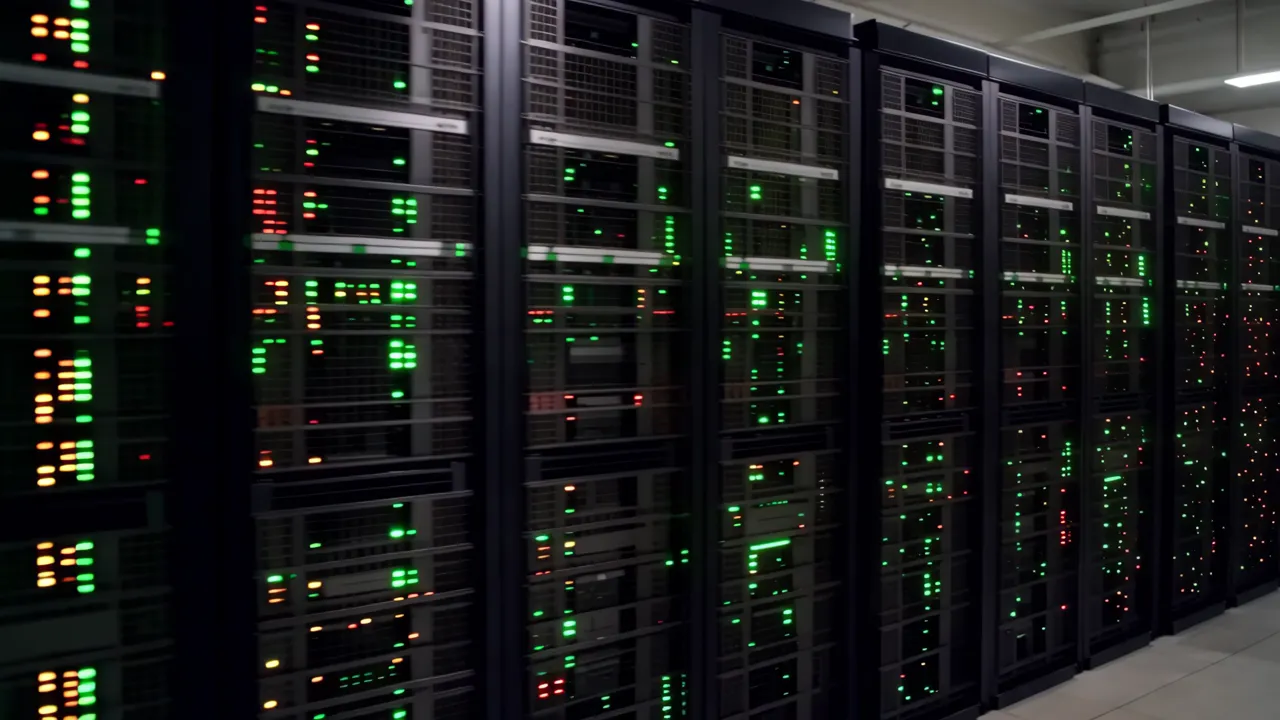 Rows of Black Server Racks in Professional Data Center