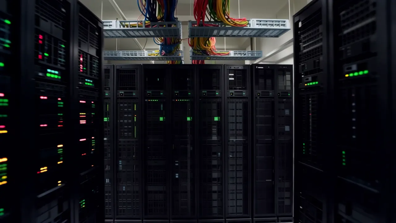 Rows of Black Server Racks in Professional Data Center