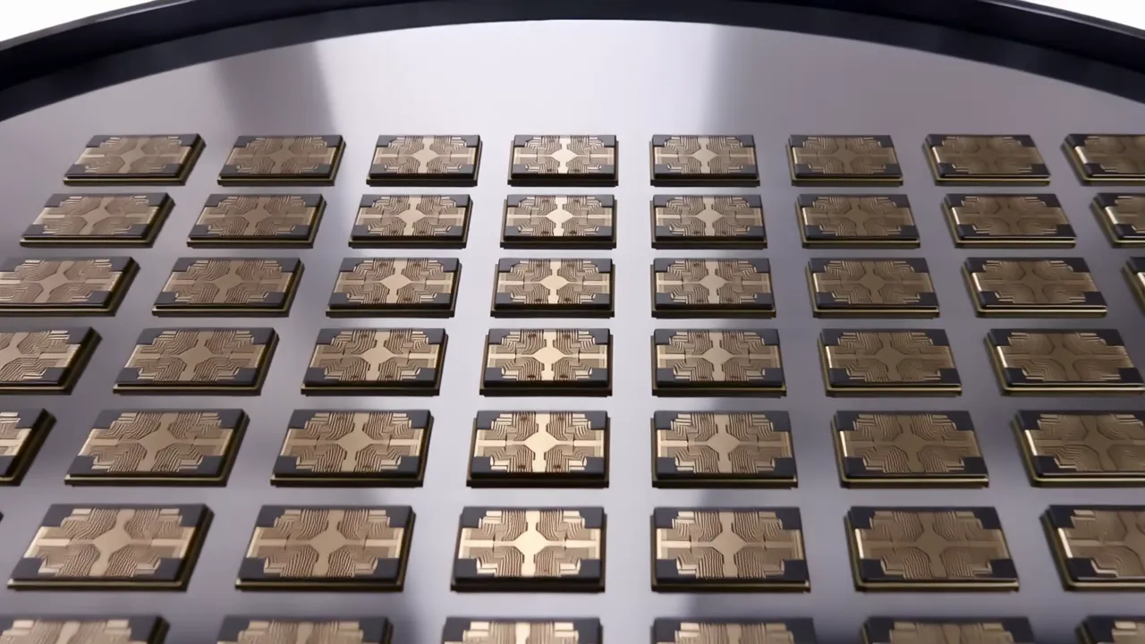 Rows of Identical Chip Dies on a Polished Silicon Wafer