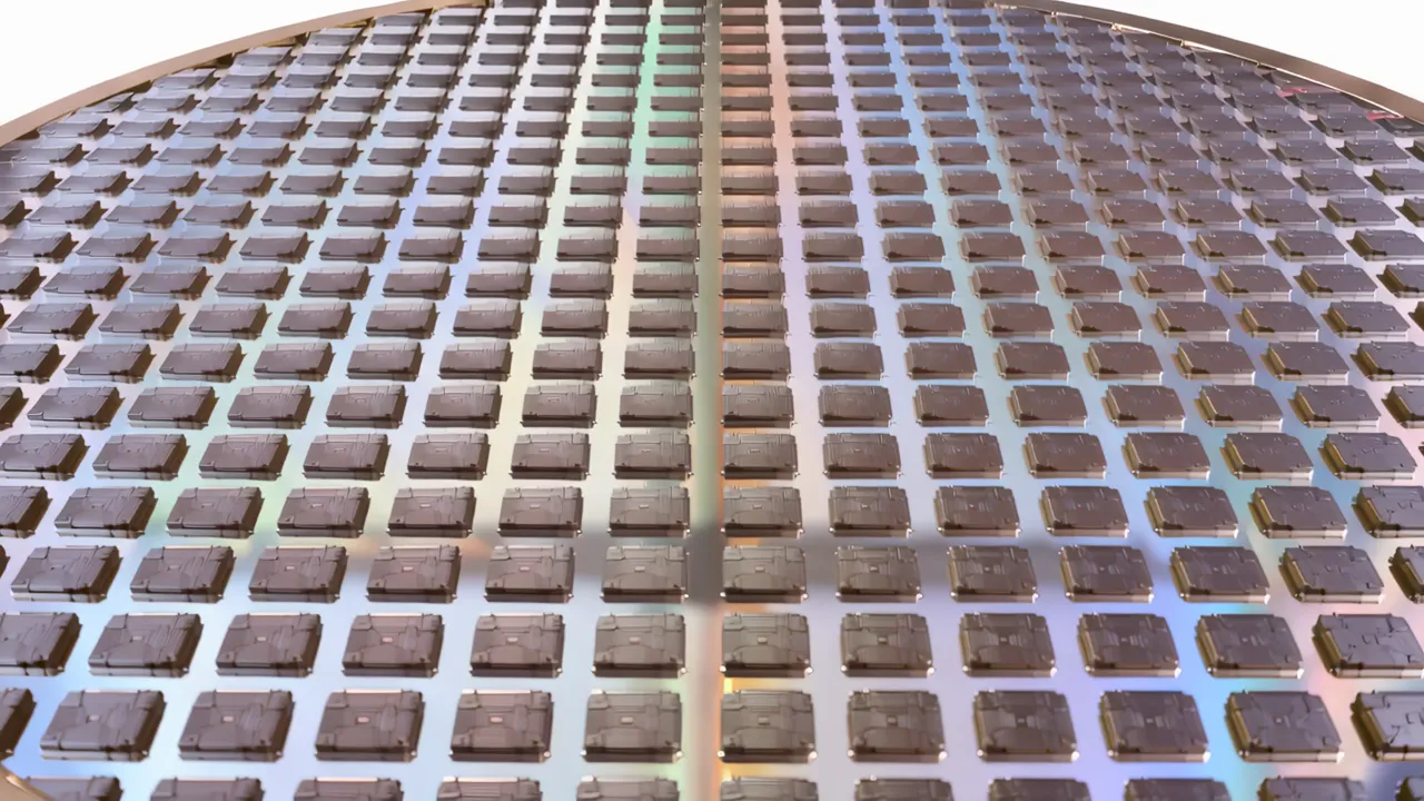 Rows of Identical Chip Dies on a Polished Silicon Wafer