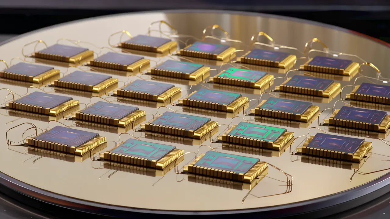 Rows of Identical Chip Dies on a Polished Silicon Wafer