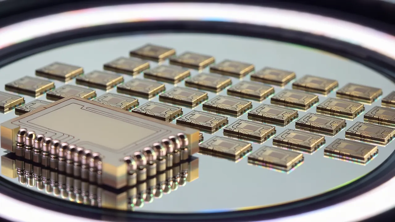 Rows of Identical Chip Dies on a Silicon Wafer Surface