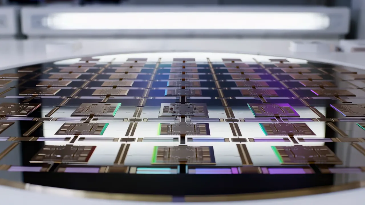 Rows of Identical Chip Dies on a Silicon Wafer Surface