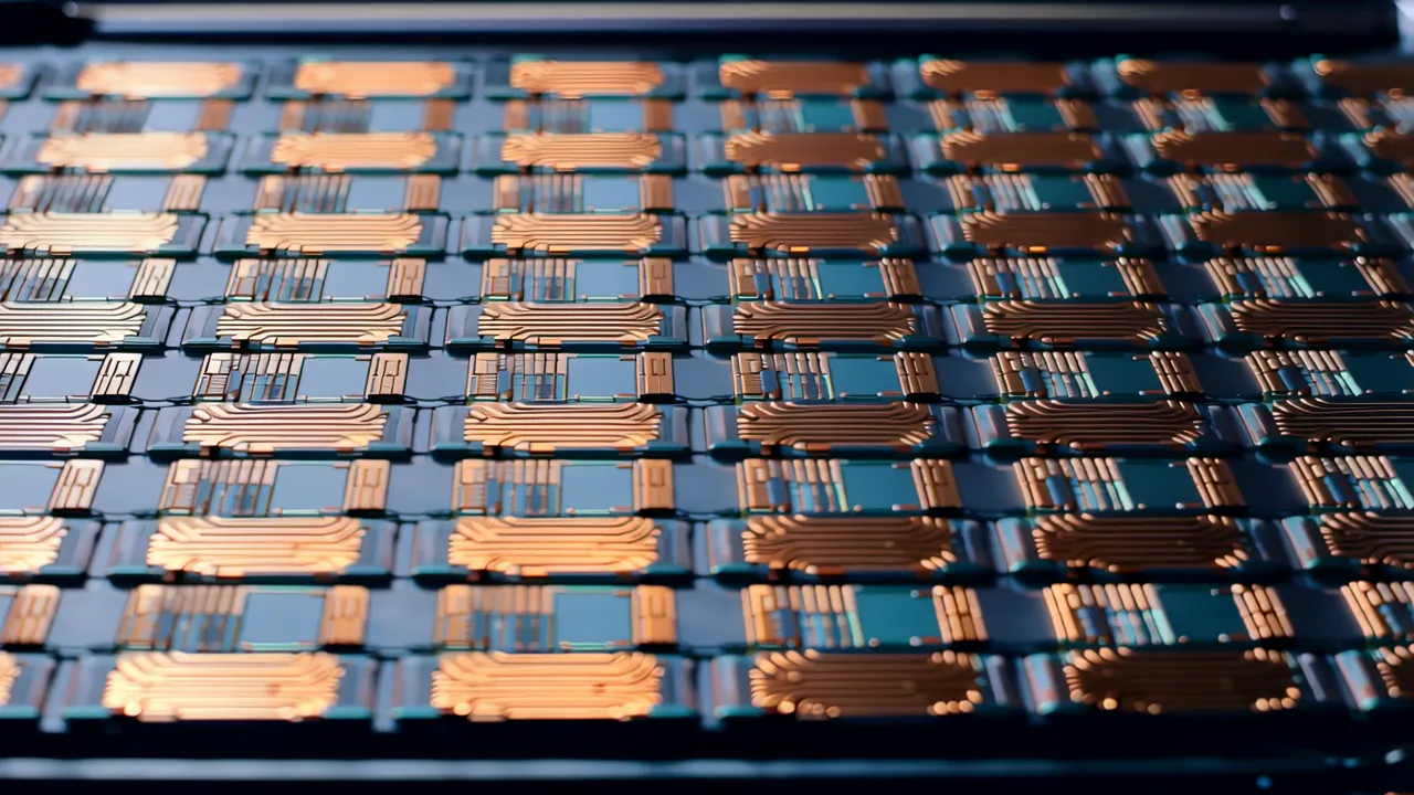 Rows of Identical Chip Dies on a Silicon Wafer Surface