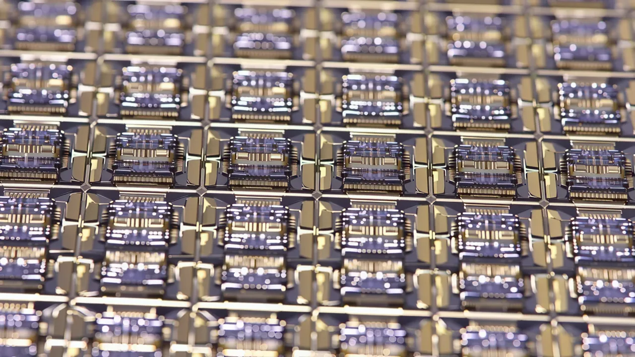 Rows of Identical Chip Dies on a Silicon Wafer Surface