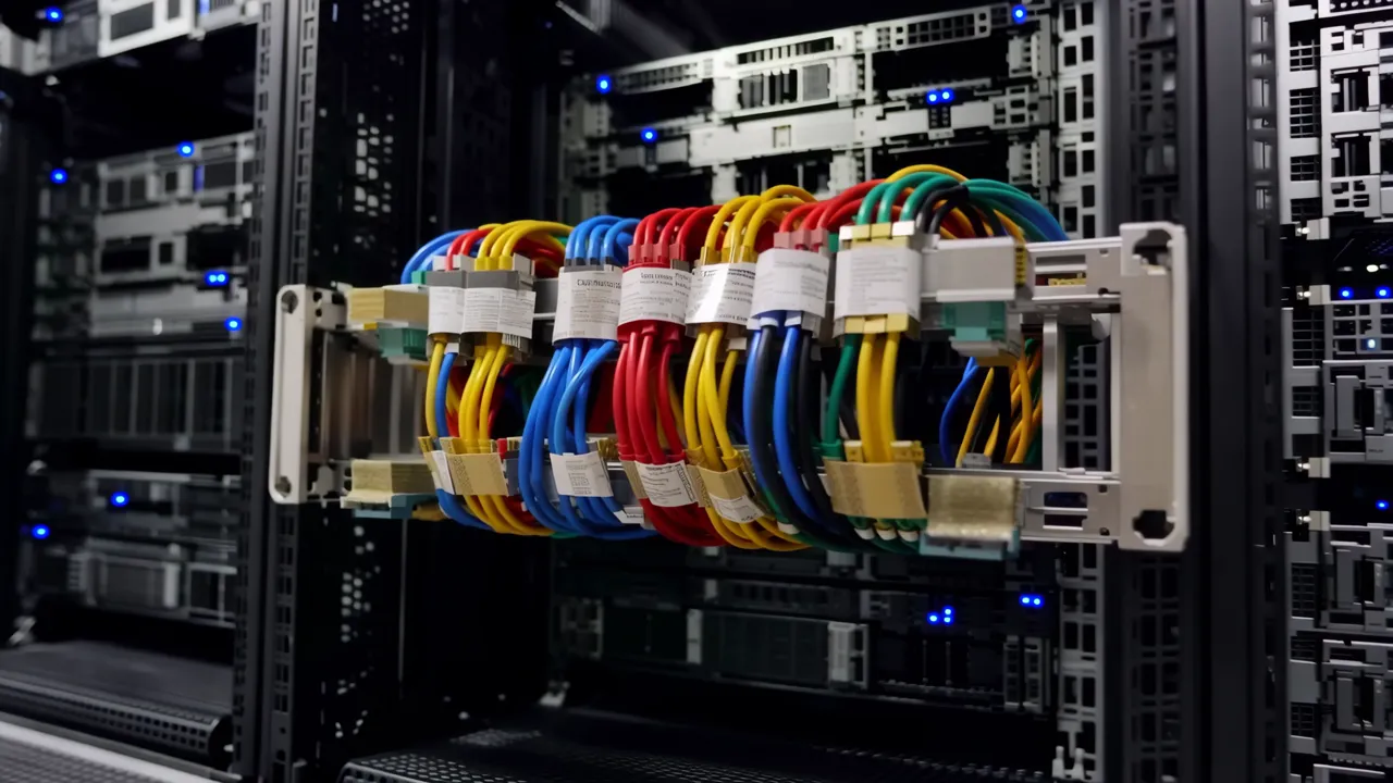 Rows of Organized Black Server Racks in Data Center