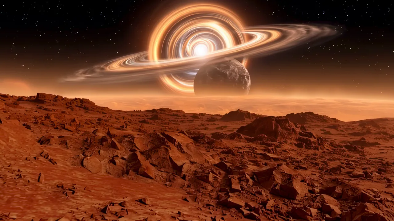 Rust-Red Rocky Terrain of Mars with Planetary Rings