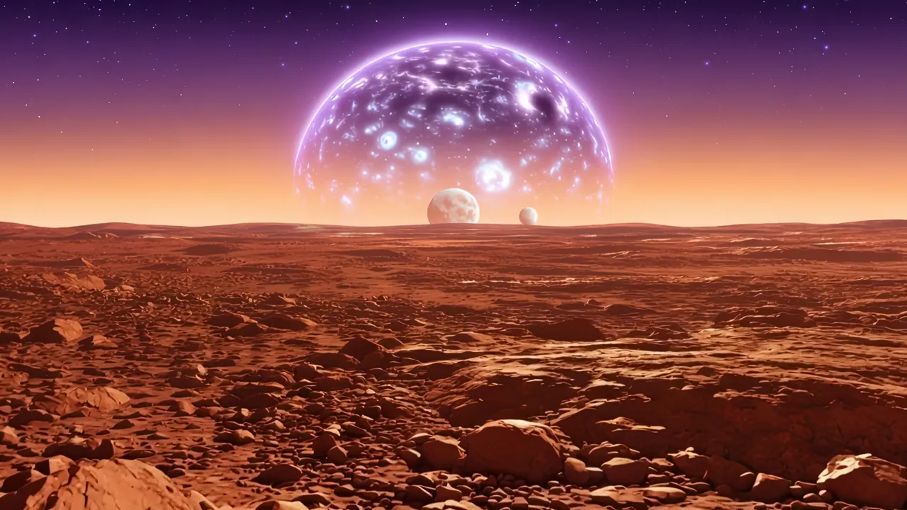 Rust-Red Rocky Terrain on Mars with a Cosmic Backdrop