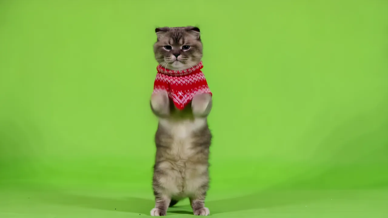 Scottish Fold Cat Standing Upright in Holiday Sweater