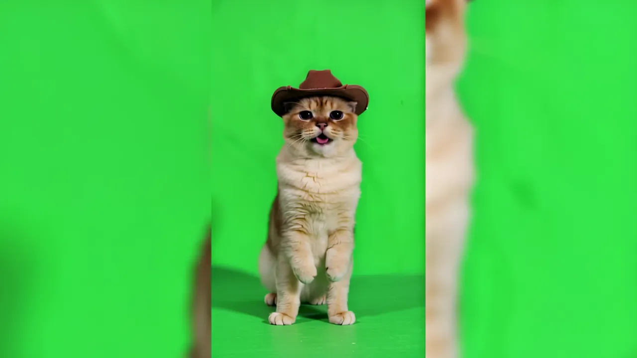 Scottish Fold Cat Wearing Cowboy Hat on Green Background