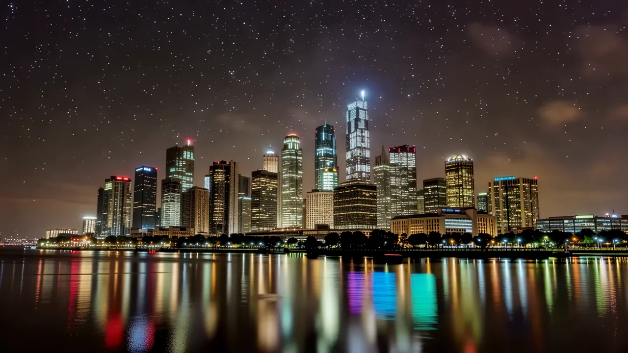 Serene Riverside City Skyline with Water Reflections