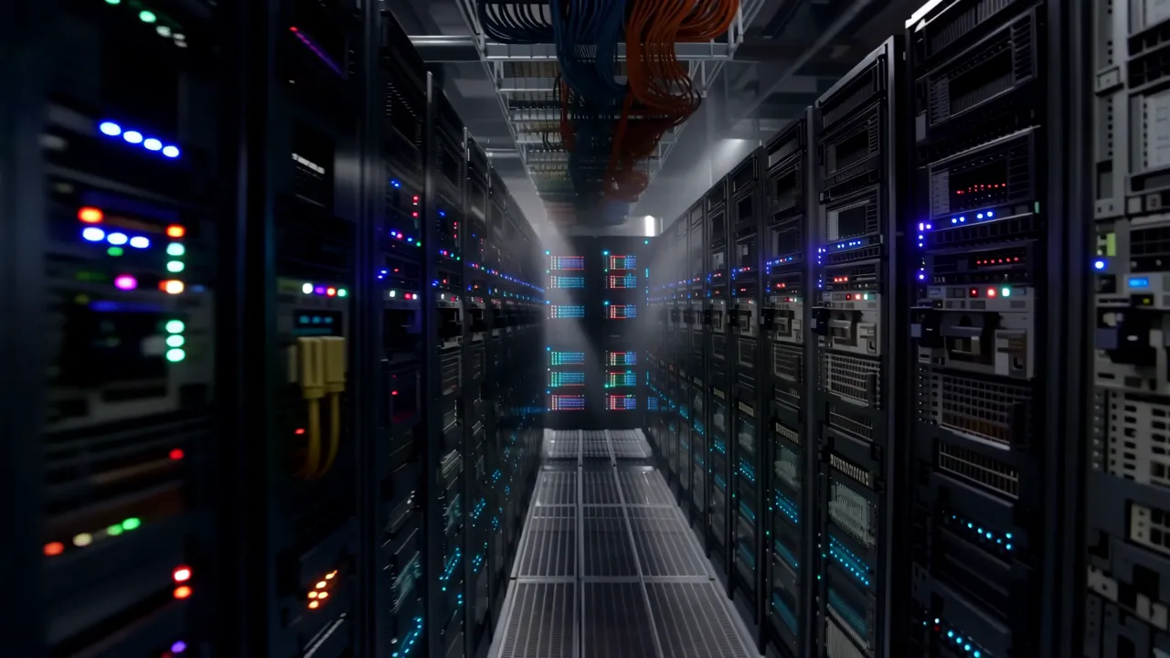 Server Room Corridor with Cable Management and Infrastructure