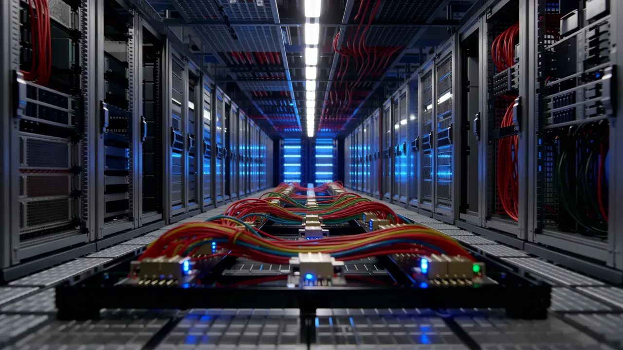 Server Room Corridor with Cables and Rack Servers