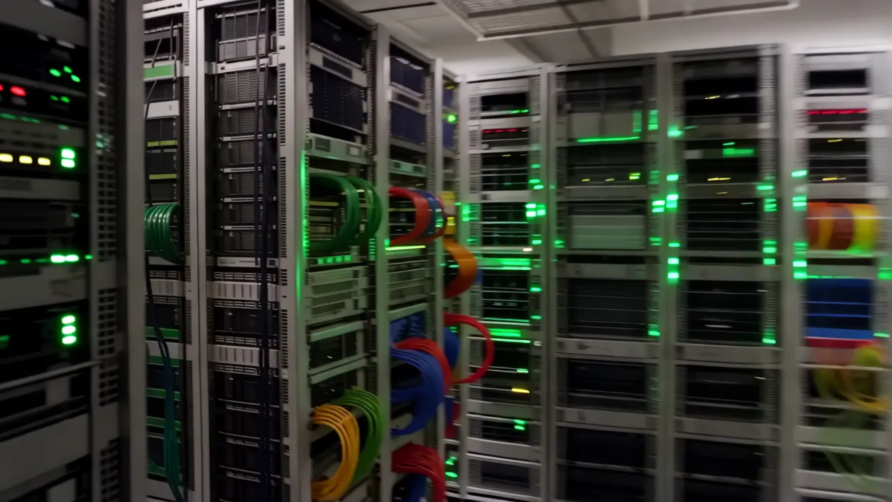 Server Room Corridor with Ceiling Cable Trays and Tiles
