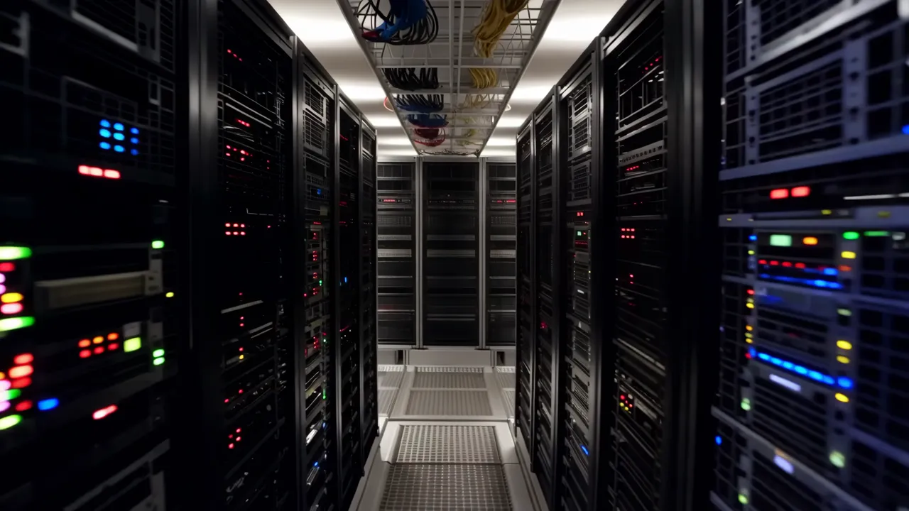 Server Room Corridor with Raised Floor Tiles and Cables