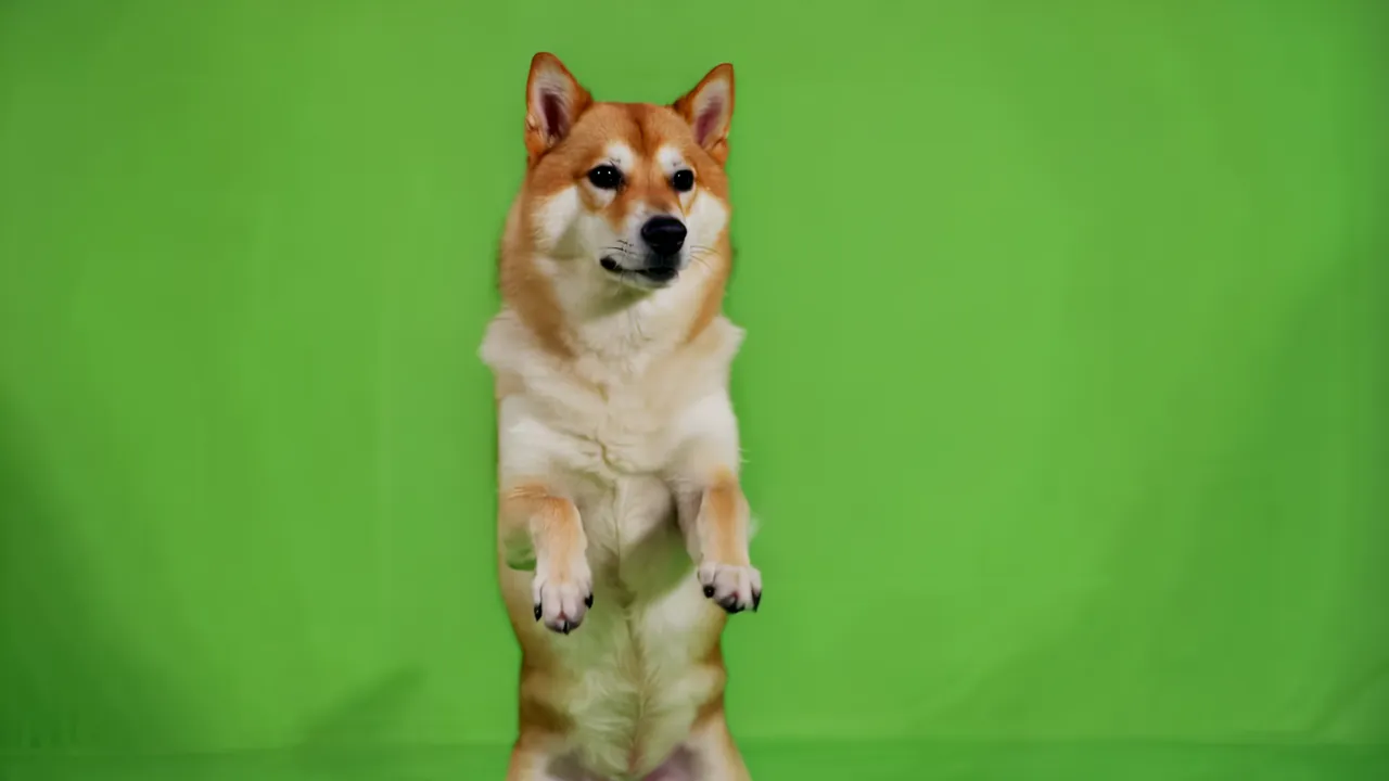 Shiba Inu Dog Standing on Hind Legs Against Green Background