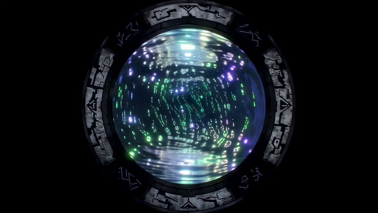 Shimmering Stargate-Style Portal with Water-Like Surface