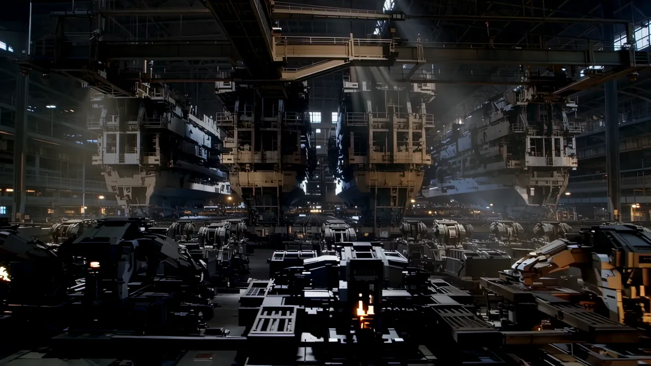 Shipbuilding Factory Interior with Steel Hull Sections