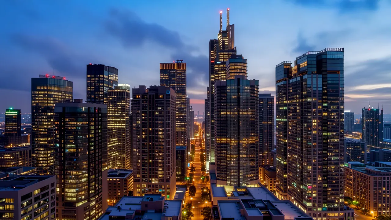 Skyscrapers in Downtown City at Night with Lights