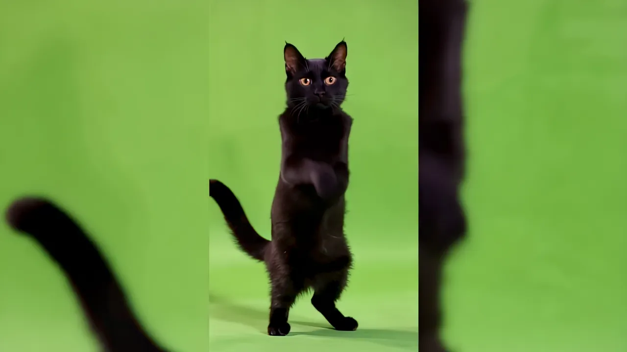 Sleek Black Cat Standing on Hind Legs Against Green Background