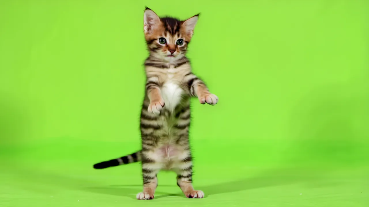 Small Brown Tabby Kitten Standing Upright on Green Screen
