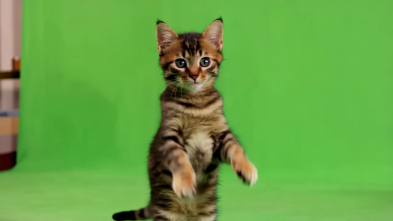 Small Brown Tabby Kitten Standing Upright on Green Screen
