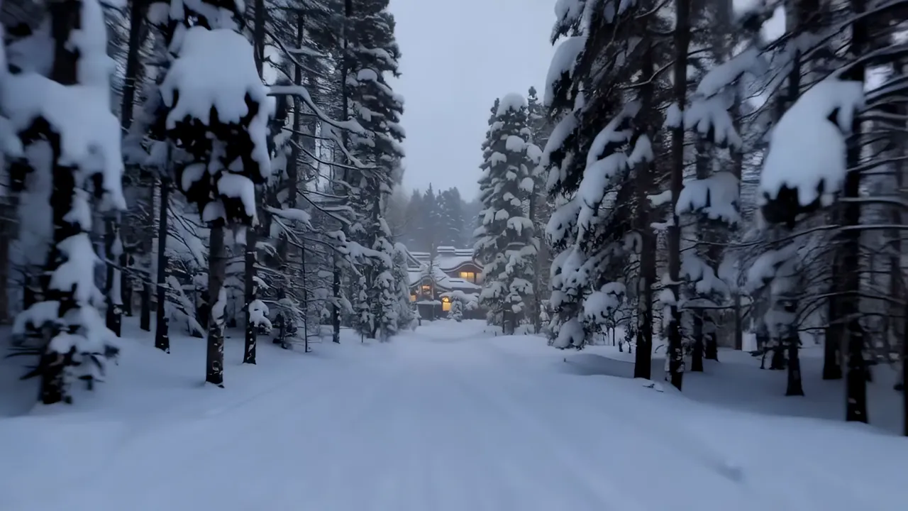 Snow-Covered Japanese Village at Night with Warm Glow