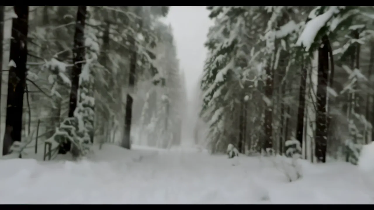 Snowfall Over a Tranquil Forest Pathway