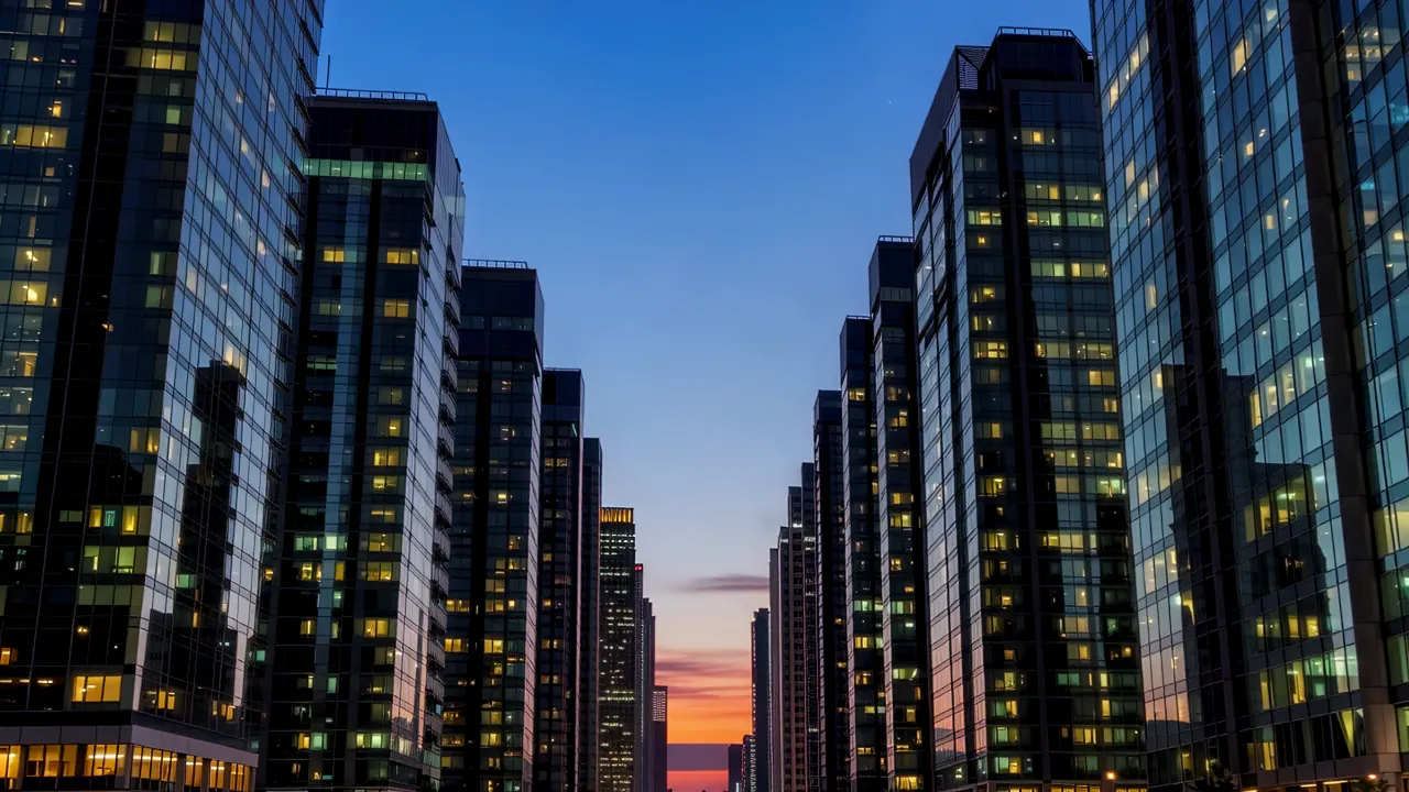 Spectacular Glass and Steel Office Towers at Sunset