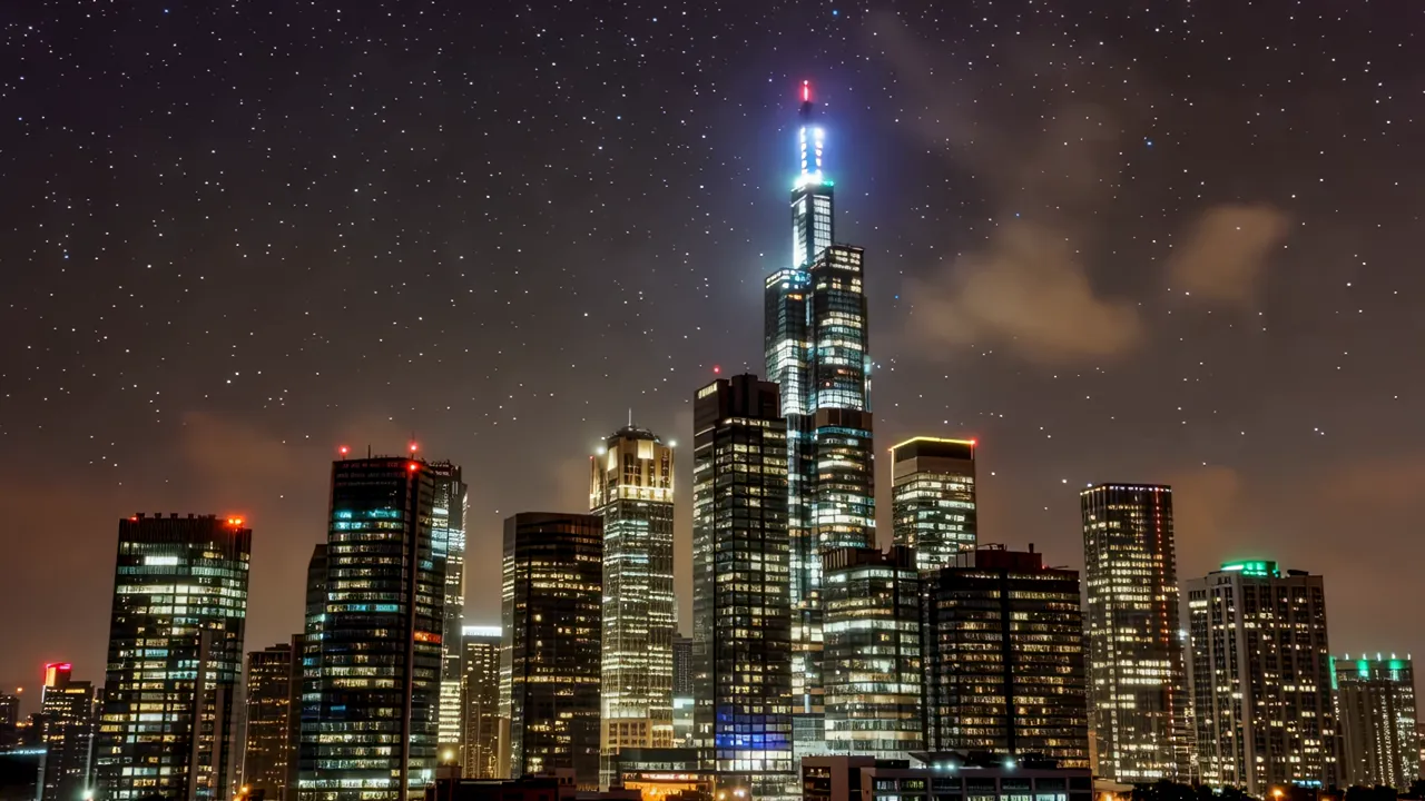 Static Shot of Urban Skyline at Sunset with Reflections