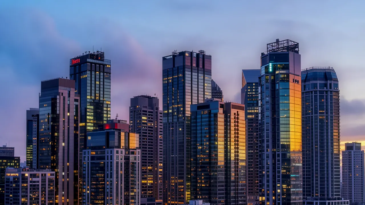 Static Wide Angle View of Skyscrapers at Dusk
