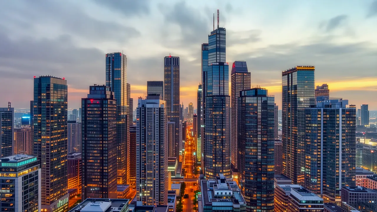 Static Wide Shot of Urban Skyline with Glass Skyscrapers