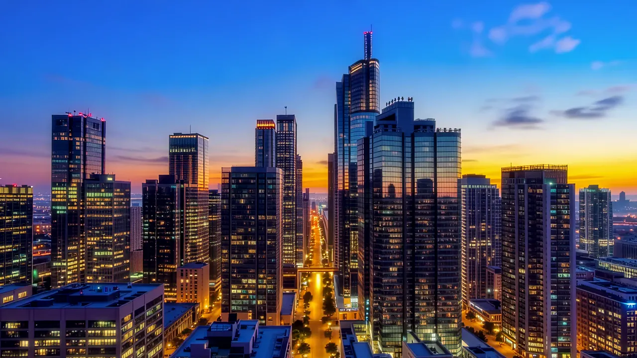 Stunning City Skyline at Dusk with Gleaming Office Towers