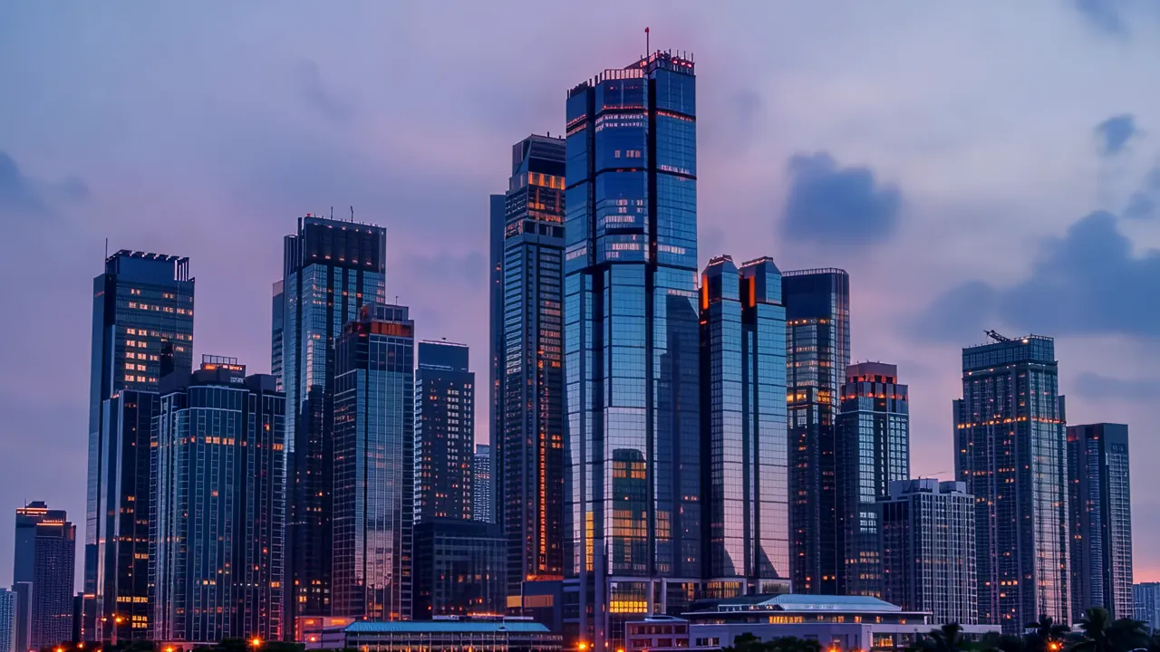 Stunning Urban Skyline at Sunset with Reflective Skyscrapers