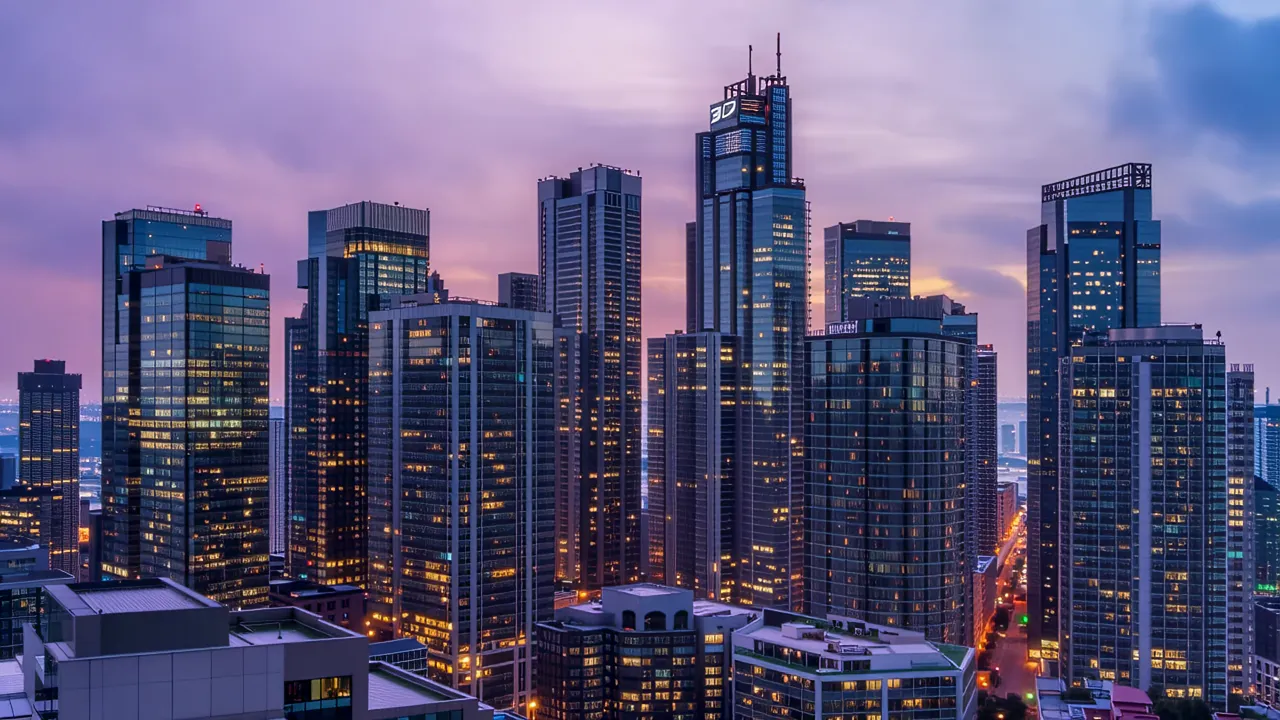 Stunning Urban Skyline with Glass Skyscrapers at Night
