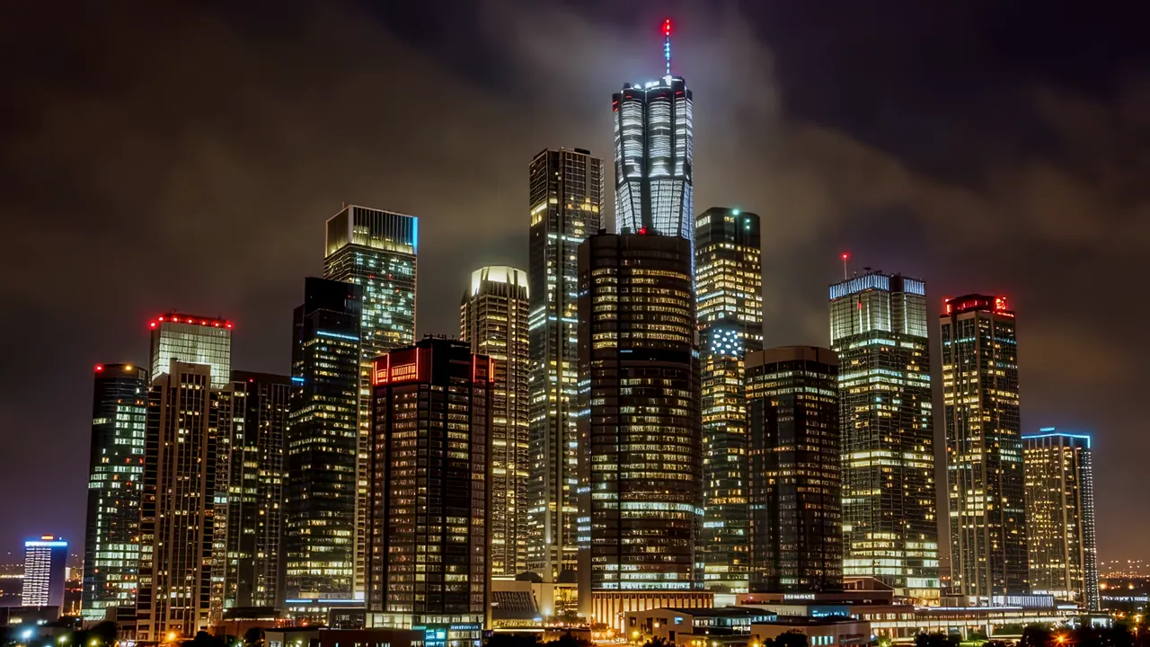 Stunning Wide Angle View of a City Skyline at Dusk